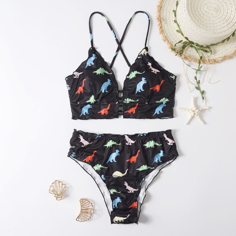 Dinosaur Print Tie Back Bikini Swimsuit, Multicolor