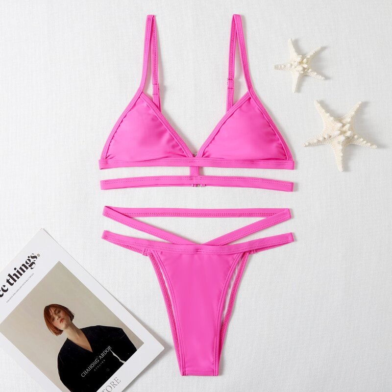 

Solid Triangle Cut Out Bikini Swimsuit, Hot pink