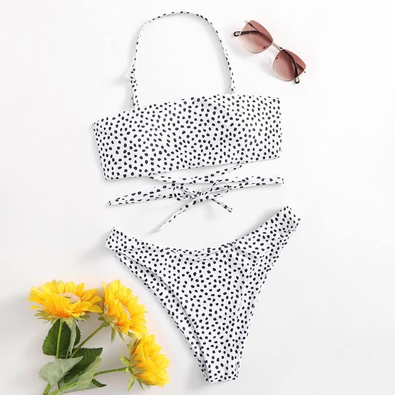 

Dalmatian Criss Cross High Cut Bikini Swimsuit, Black and white