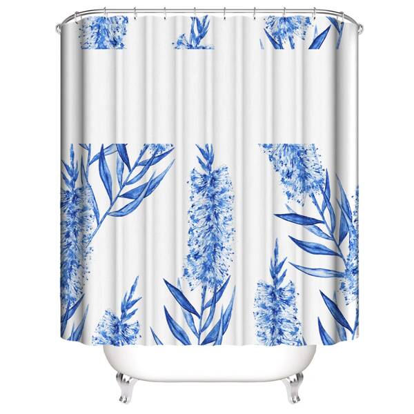 

Leaf Print Shower Curtain, Blue and white