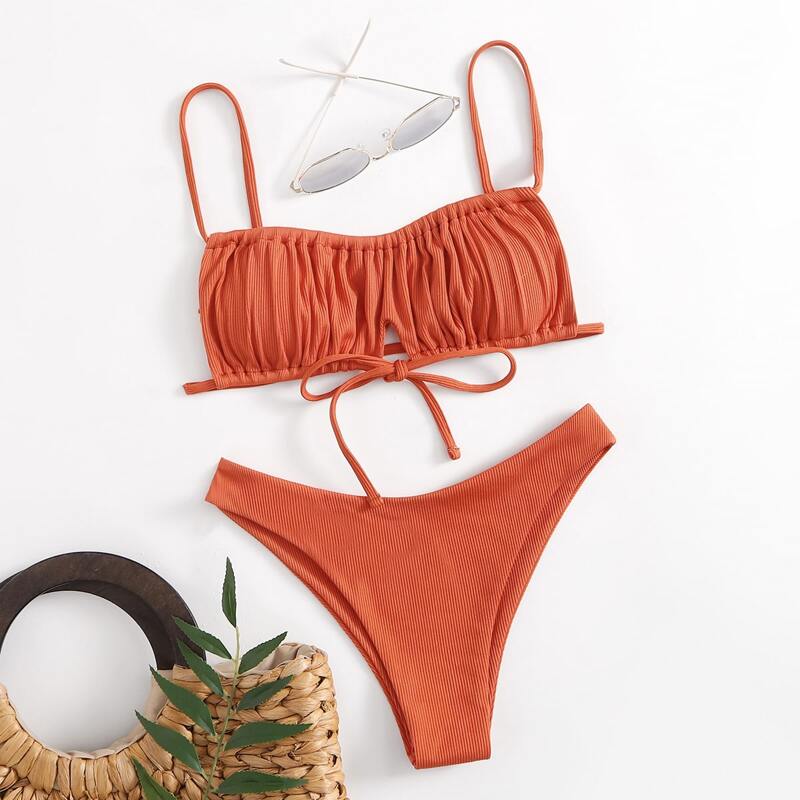 

Solid Textured Cut Out Bikini Swimsuit, Burnt orange