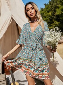 SHEIN Unity 小碎花蝴蝶袖腰帶A字型連衣裙 - 彩色 - 查看 1