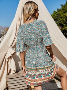 SHEIN Unity 小碎花蝴蝶袖腰帶A字型連衣裙 - 彩色 - 查看 2