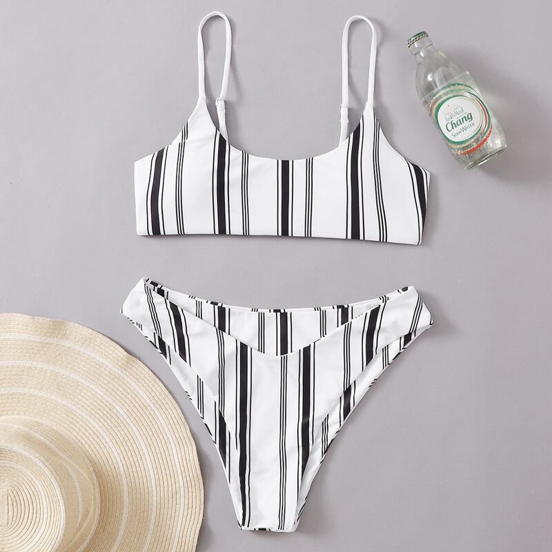 

Striped High Cut Bikini Swimsuit, Black and white