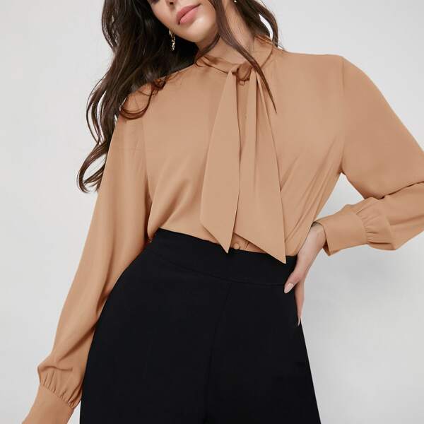 

Tie Neck Solid Blouse, Camel