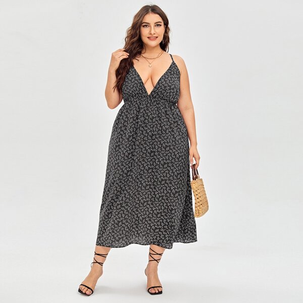 

Plus Criss Cross Backless Ditsy Floral Cami Dress, Black