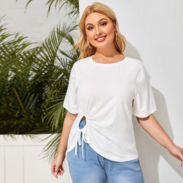 

Plus Solid Drawstring Front Cut Out Tee, White