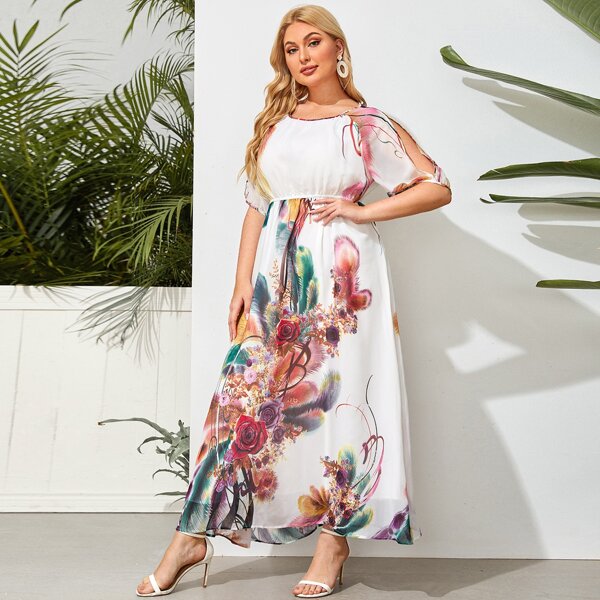 

Plus Floral Raglan Sleeve A-line Dress, Multicolor