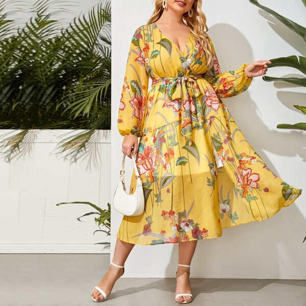 

Plus Floral Wrap Belted A-line Dress, Multicolor
