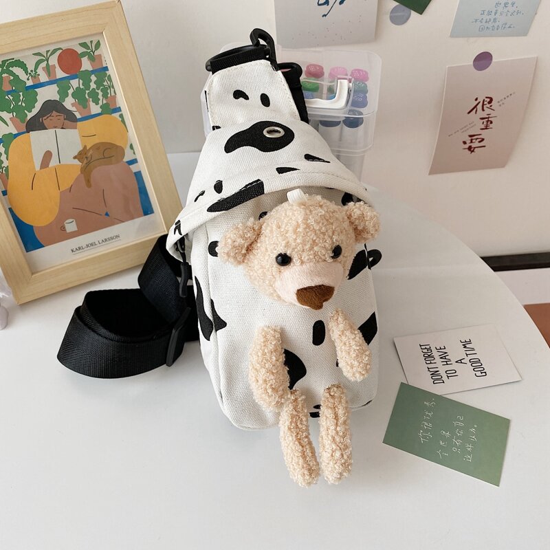 

Cartoon Bear Cow Print Sling Bag, Black and white