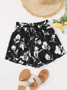 Floral Print Drawstring Waist Shorts - Black - View 1