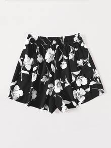 Floral Print Drawstring Waist Shorts - Black - View 2