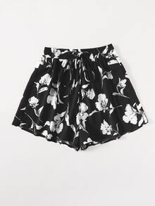 Floral Print Drawstring Waist Shorts - Black - View 3