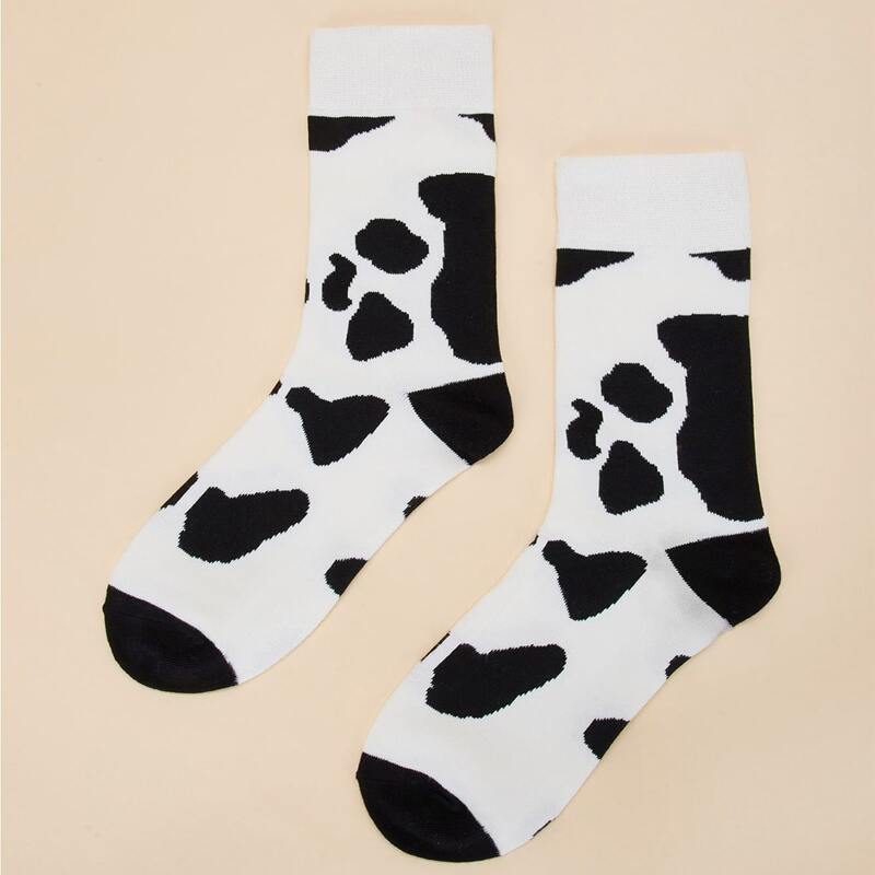 

Cow Print Crew Socks, Black and white