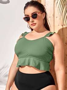 Plus Ruffle Hem Bikini Top - Green - View 1