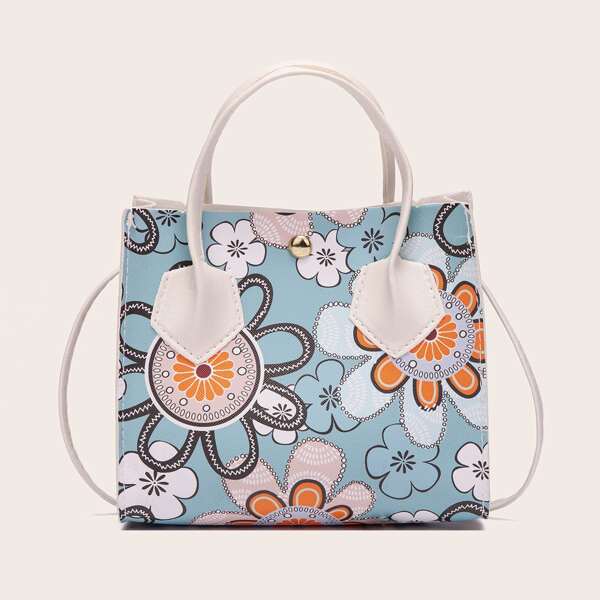 

Floral Graphic Satchel Bag, Baby blue