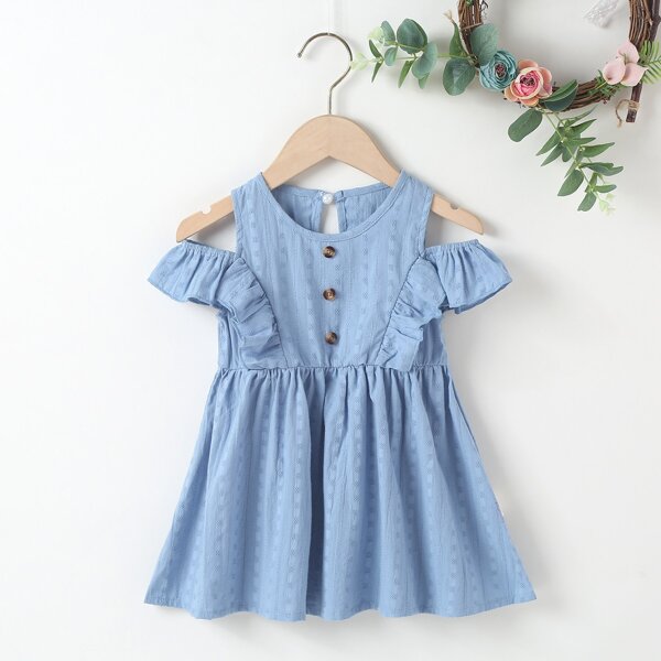 

Baby Girl Ruffle Trim Cold Shoulder Dress, Dusty blue
