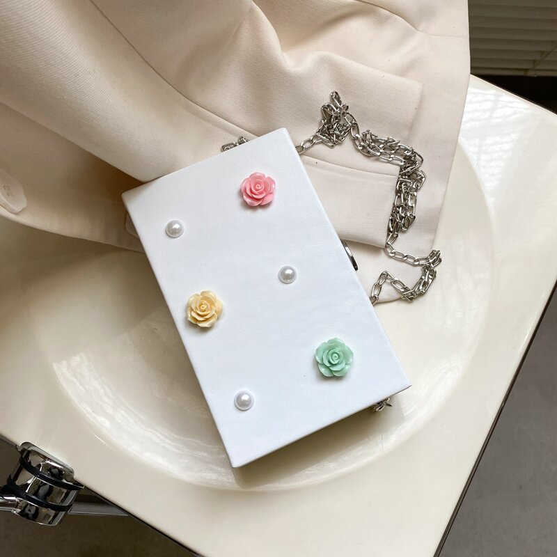 

Faux Pearl & Floral Chain Box Bag, White
