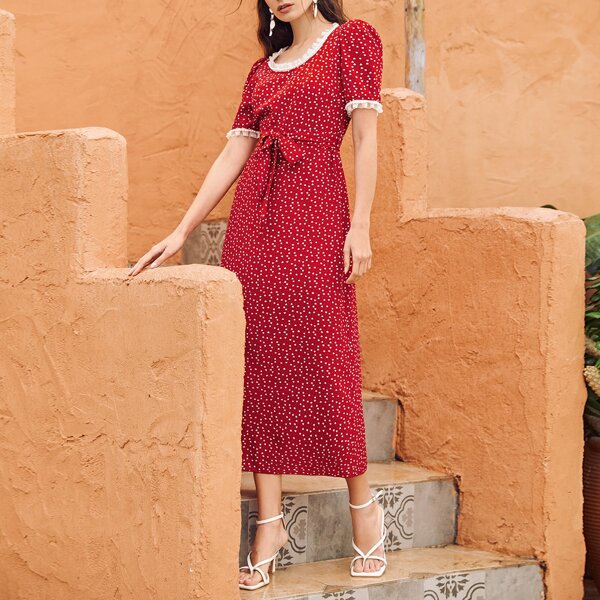 

Confetti Heart Print Belted Puff Sleeve Dress, Red