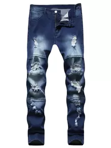 Manfinity LEGND Men Cotton Wash Ripped Skinny Jeans Slim Fit Long Frayed Jean Cargo Plain Dark Blue Urban Street Wear Rapper - Dark Wash - View 3