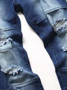 Manfinity LEGND Men Cotton Wash Ripped Skinny Jeans Slim Fit Long Frayed Jean Cargo Plain Dark Blue Urban Street Wear Rapper - Dark Wash - View 4