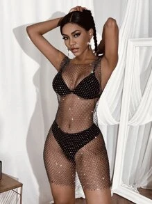 Zolique 水鑽透明釣魚網狀洋裝不附內衣褲 - 黑色 - 查看 4