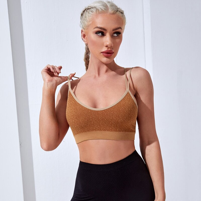 

Contrast Binding Criss Cross Back Sports Bra, Brown