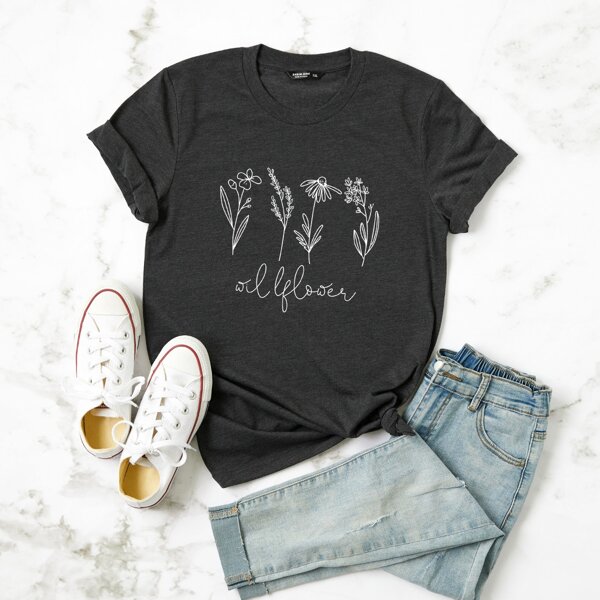 

Plus Plants And Letter Graphic Tee, Dark grey
