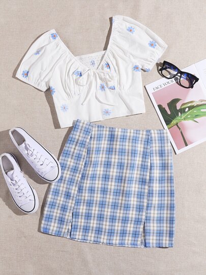 花刺繍 ノットフロント ブラウス ＆ 格子縞 スカート