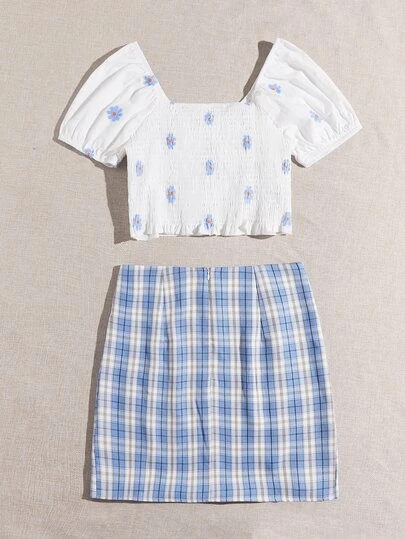 花刺繍 ノットフロント ブラウス ＆ 格子縞 スカート