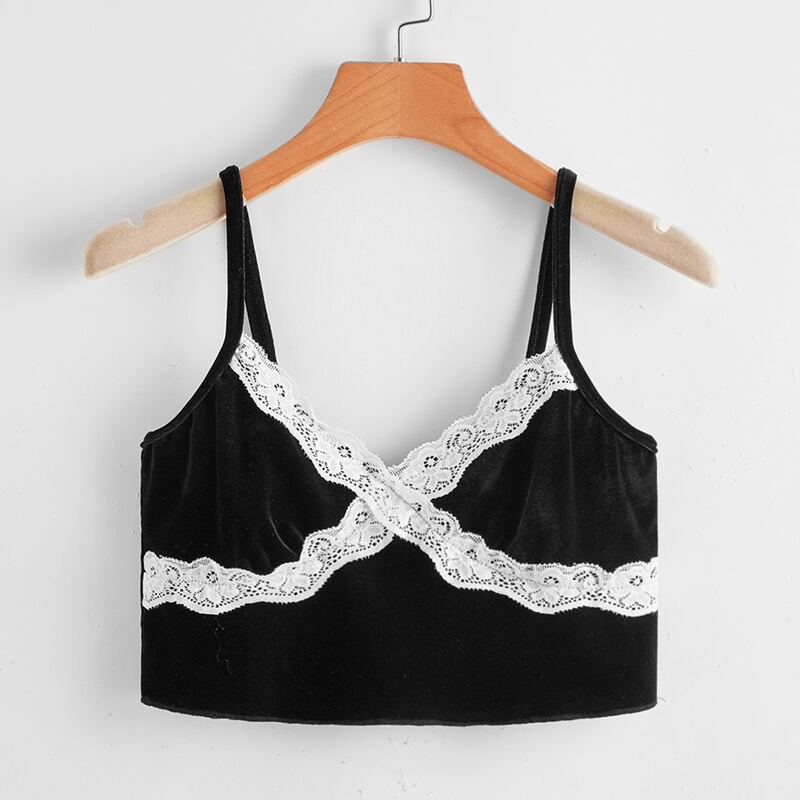 

Lace Insert Velvet Crop Cami, Multicolor