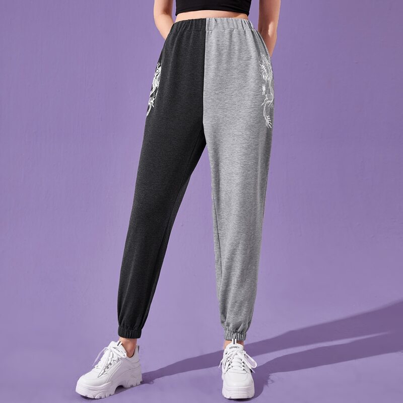 

Two Tone Chinese Dragon Graphic Sweatpants, Dark grey