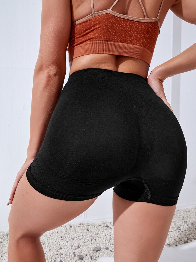 Easithlete 纯色高腰运动短裤弹力短裤女士运动短裤、健身短裤、骑行短裤 - 黑色 - 查看 2