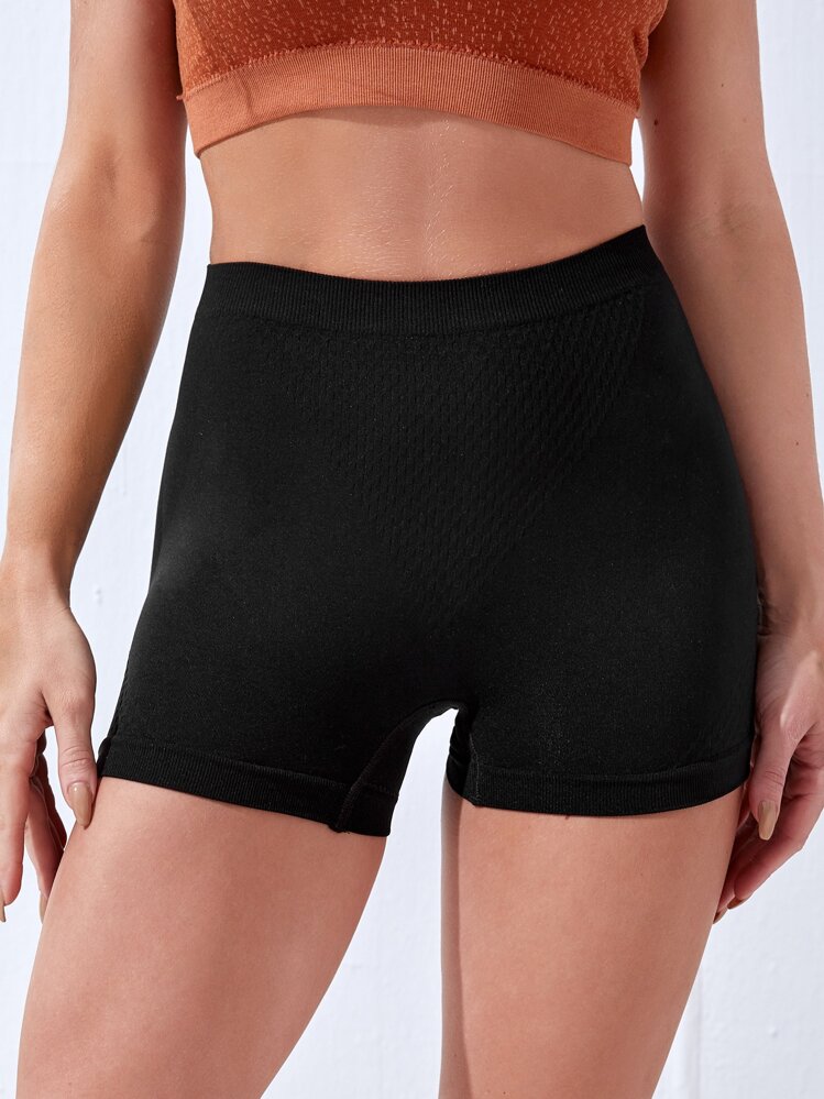 Easithlete 纯色高腰运动短裤弹力短裤女士运动短裤、健身短裤、骑行短裤 - 黑色 - 查看 3