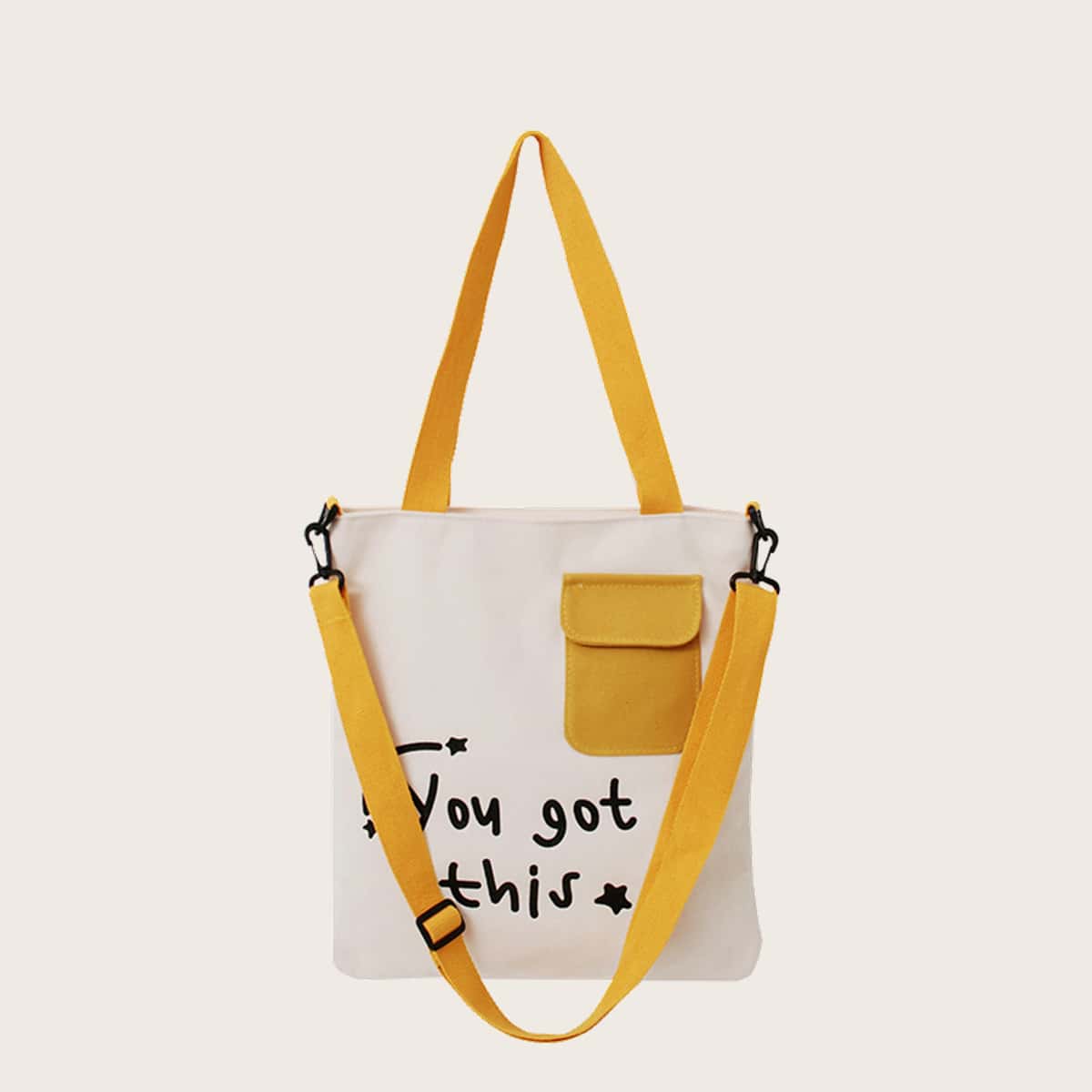 

Colorblock & Slogan Graphic Tote Bag, White