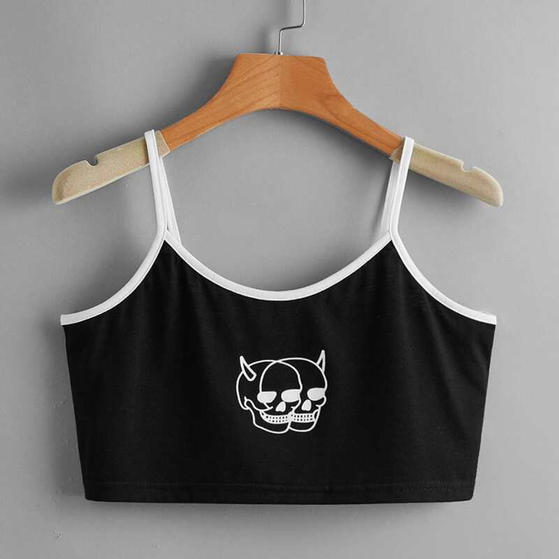 

Skull Graphic Ringer Crop Cami, Black