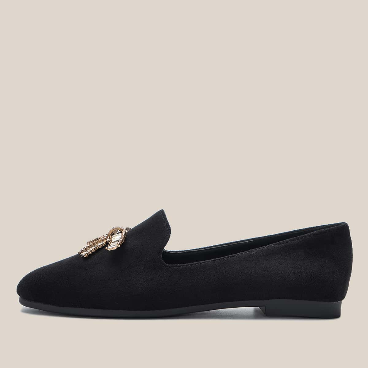 

Rhinestone Bow Square Toe Loafers, Black
