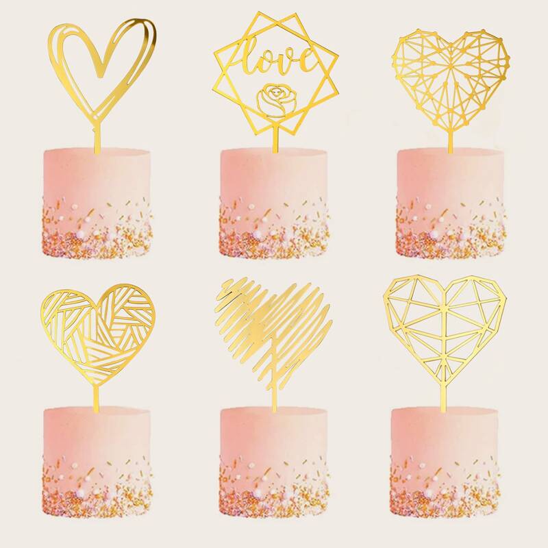 

6pcs Random Heart Shaped Cake Topper, Gold