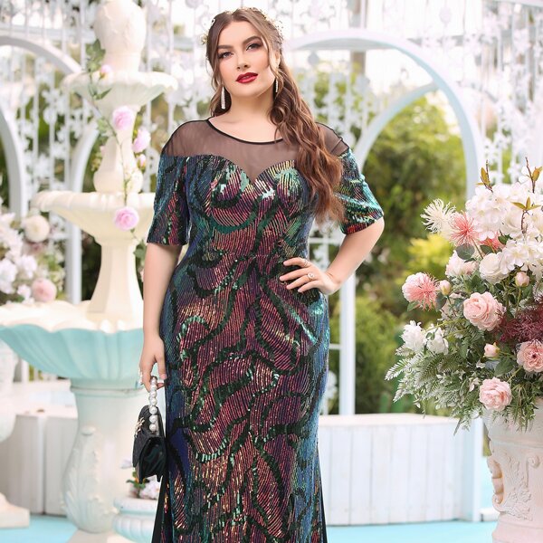 

Plus Mesh Panel Sequin Fitted Dress, Multicolor