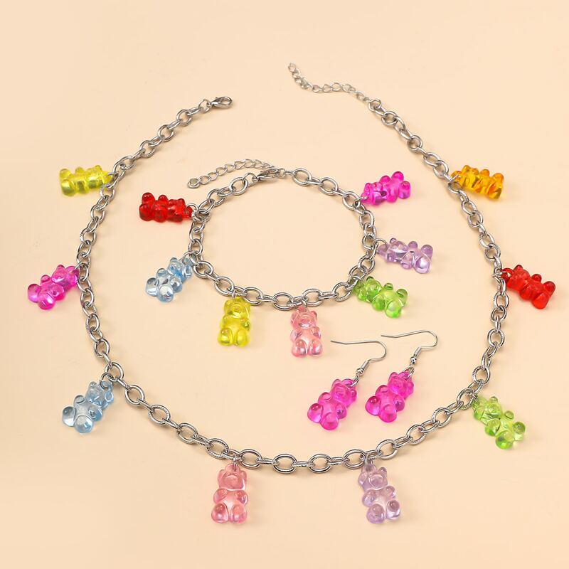 

4pcs Clear Bear Chain Jewelry Set, Silver