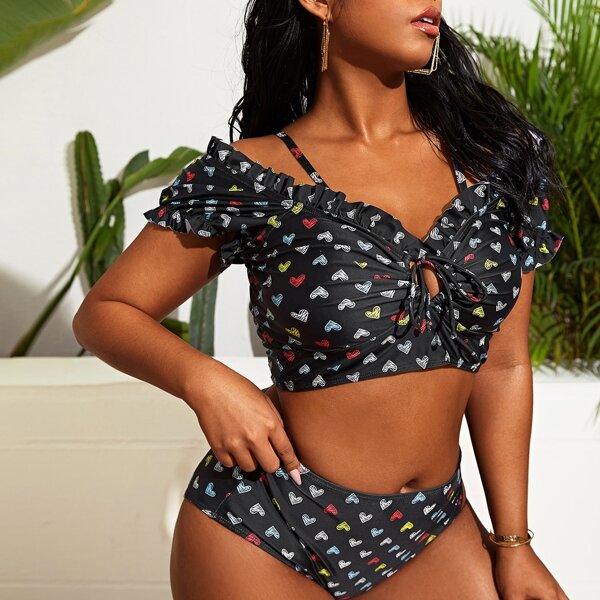 

Plus Heart Pattern Tie Front Bikini Swimsuit, Multicolor