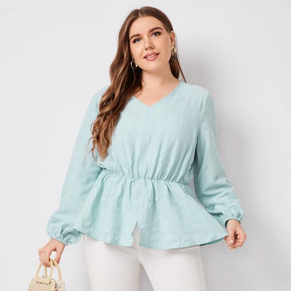 

Plus Solid Split Peplum Blouse, Baby blue