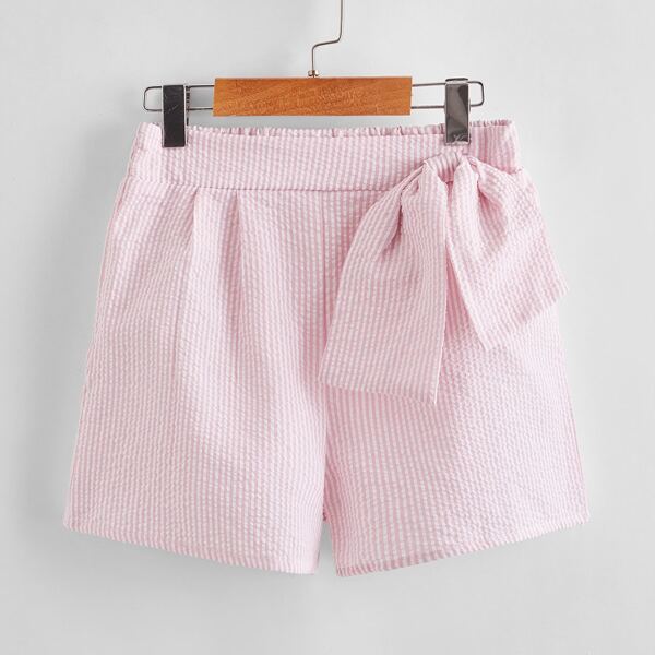 

Girls Elastic Waist Bow Detail Striped Shorts, Baby pink
