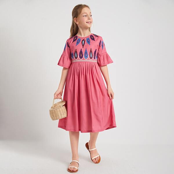 

Girls Graphic Print Flounce Sleeve Dress, Pink