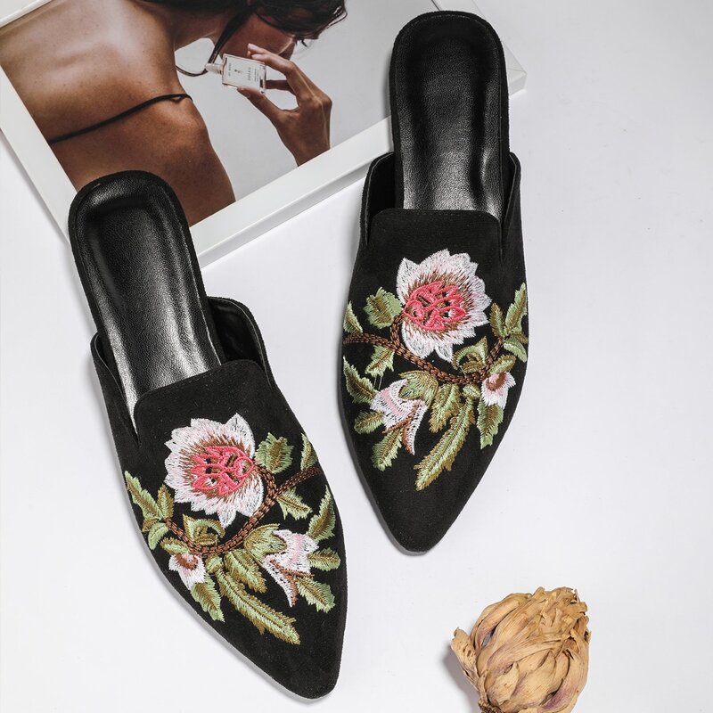 

Floral Embroidery Flat Mules, Black