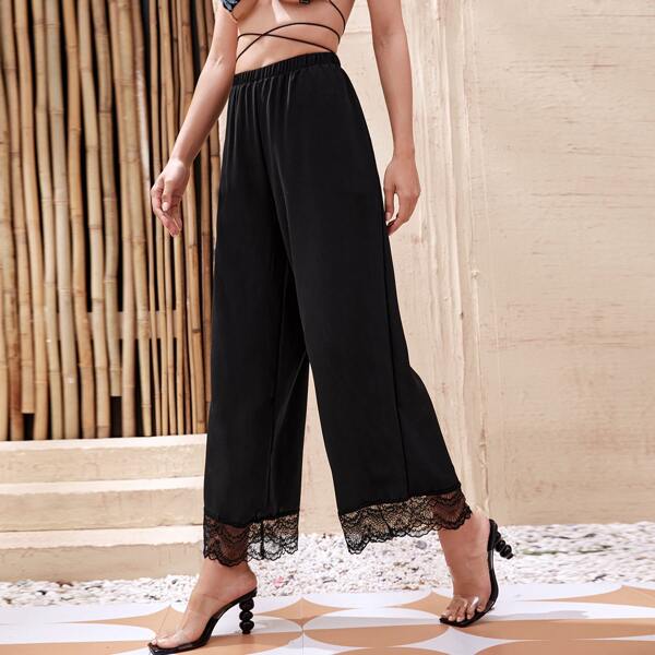 

Contrast Lace Wide Leg Pants, Black