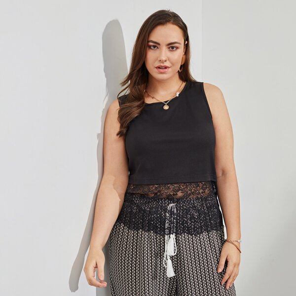 

Plus Contrast Lace Tank Top, Black