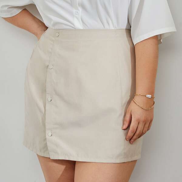 

Plus Button Front Mini Straight Skirt, Apricot