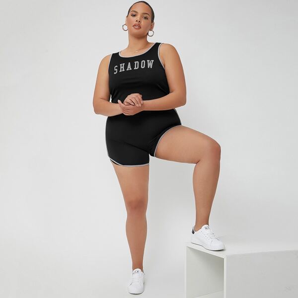 

Plus Letter Graphic Contrast Binding Tank Top With Shorts, Black