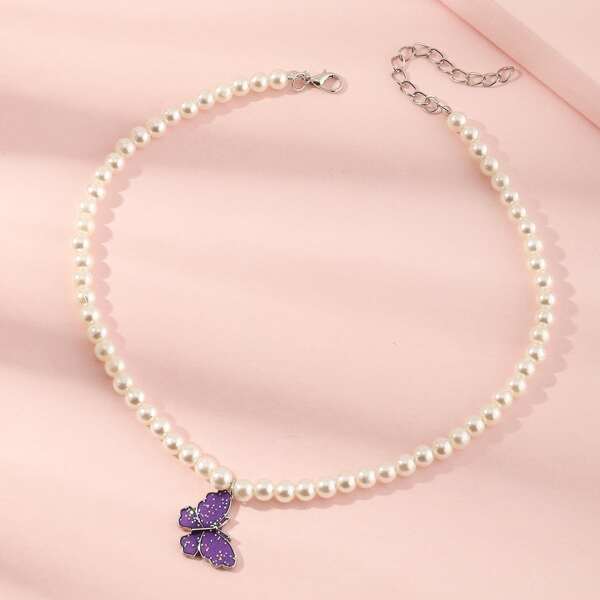 

Girls Butterfly Charm Faux Pearl Beaded Necklace, Purple